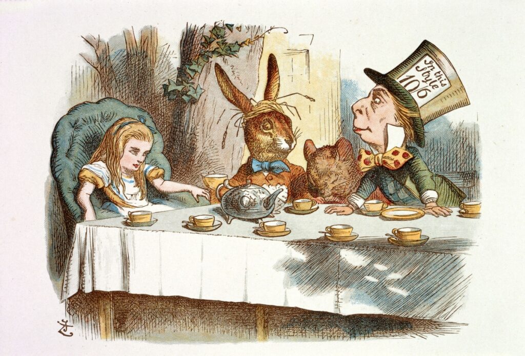 Illustration from The Nursery 'Alice' (1890), showing the Mad Hatter's tea party from Alice’s Adventures in Wonderland, with Alice seated at a long table alongside the Mad Hatter, March Hare, and Dormouse